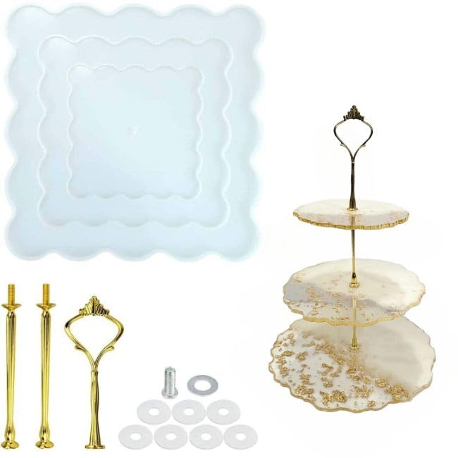 ART2ARTIST Hand made 3 Tier Marble Look Resin Cake Stand Mold Cup Cake Holder Resin stand - 3 stage | Kitchen, Dining, Decorative Product (White and Golden)