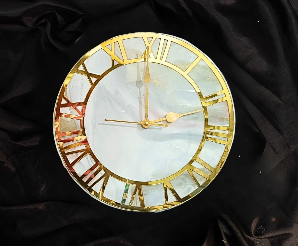 ART2ARTIST Hand Made Resin Wall Clock on MDF Base, Abstract Resin Clock, Living Room Clock,Wall Clock for Home Decor, Epoxy Art, Colorful Wall Art (12 Inches) (White-Golden)