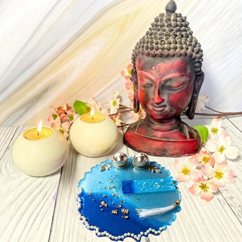 ART2ARTIST Handmade Decorative Resin Pooja thali Set, for Wedding, Mandir| Handmade Resin Arti Thali, Home Decor, Diwali Thali 8 Inch (Blue)