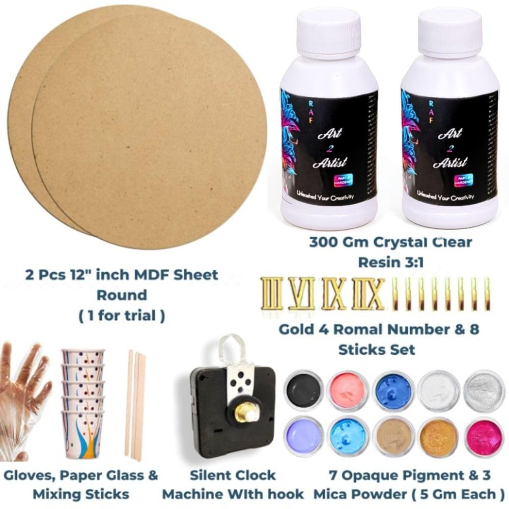 ART2ARTIST DIY Resin Art Clock Making Kit - Resin, 12" Round MDF Sheet, Pigments, Clock Machine, and More |