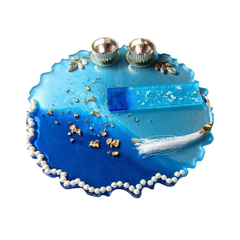 ART2ARTIST Handmade Decorative Resin Pooja thali Set, for Wedding, Mandir| Handmade Resin Arti Thali, Home Decor, Diwali Thali 8 Inch (Blue)