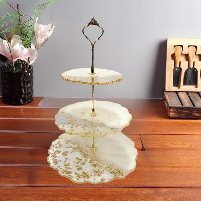 ART2ARTIST Hand made 3 Tier Marble Look Resin Cake Stand Mold Cup Cake Holder Resin stand - 3 stage | Kitchen, Dining, Decorative Product (White and Golden)