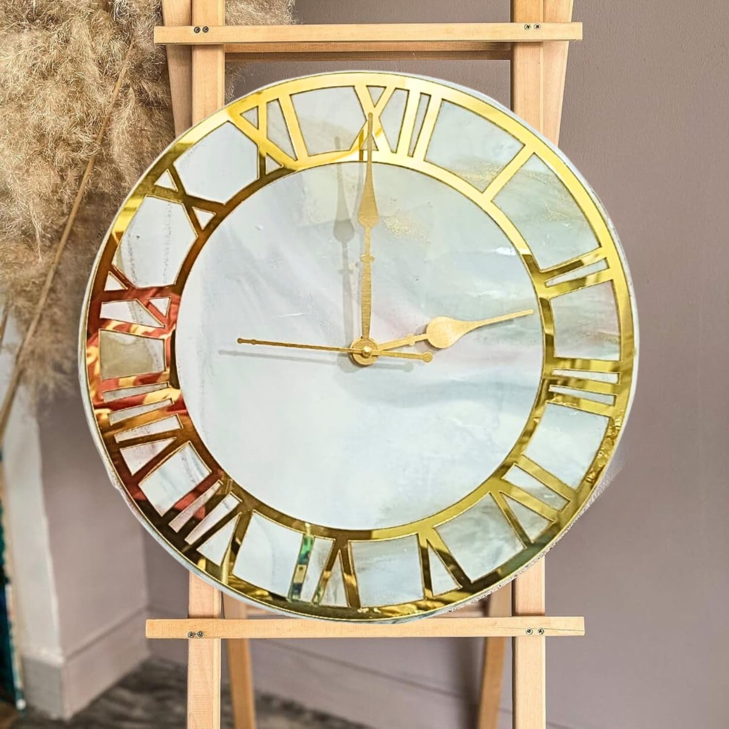 ART2ARTIST Hand Made Resin Wall Clock on MDF Base, Abstract Resin Clock, Living Room Clock,Wall Clock for Home Decor, Epoxy Art, Colorful Wall Art (12 Inches) (White-Golden)