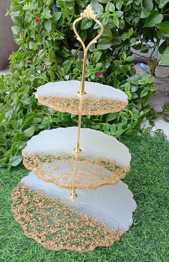 ART2ARTIST Hand made 3 Tier Marble Look Resin Cake Stand Mold Cup Cake Holder Resin stand - 3 stage | Kitchen, Dining, Decorative Product (White and Golden)