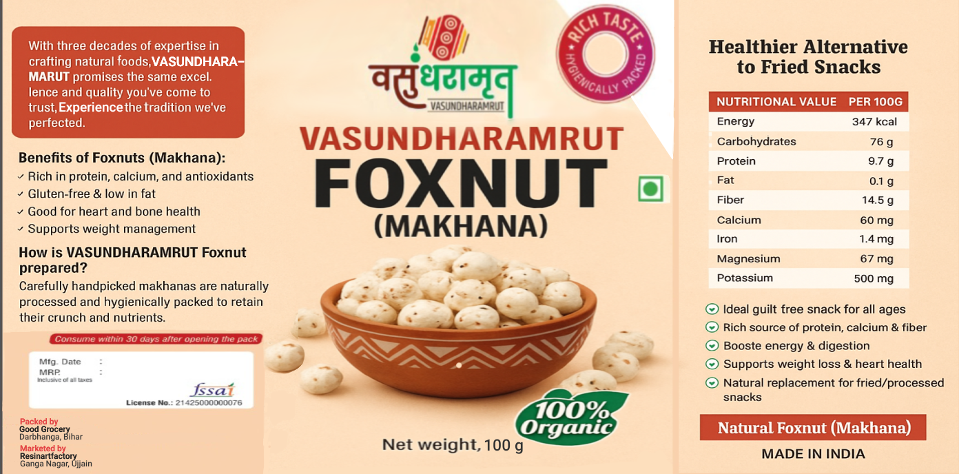 Art2artist Vasundharamrut Organic Foxnuts (Makhana) – Protein-Rich, Gluten-Free Superfood Snack